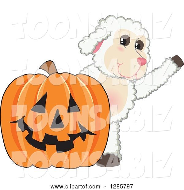 Vector Illustration of a Cartoon Lamb Mascot Waving by a Giant Halloween Jackolantern Pumpkin