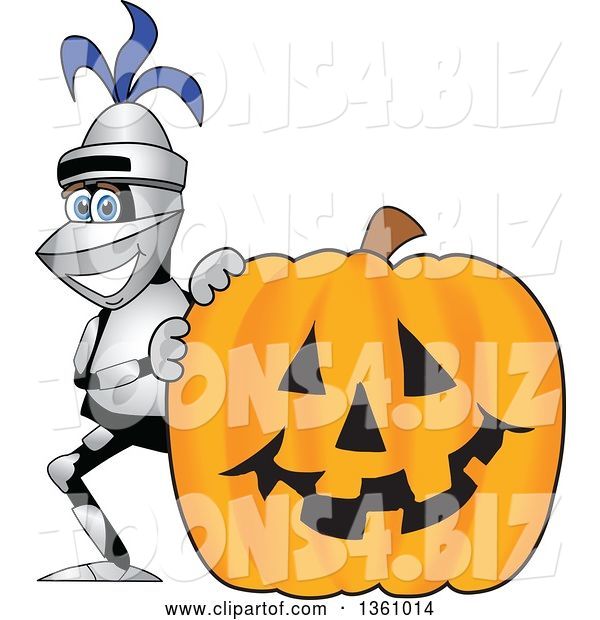 Vector Illustration of a Cartoon Lancer Mascot Smiling by a Halloween Jackolantern Pumpkin