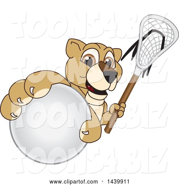 Vector Illustration of a Cartoon Lion Cub School Mascot Grabbing a Lacrosse Ball and Holding a Stick