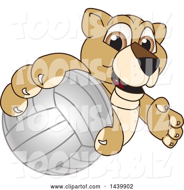 Vector Illustration of a Cartoon Lion Cub School Mascot Grabbing a Volleyball