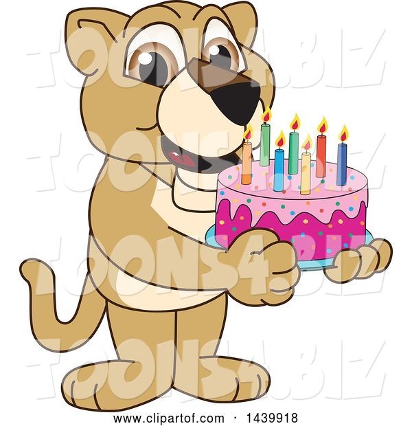 Vector Illustration of a Cartoon Lion Cub School Mascot Holding a Birthday Cake