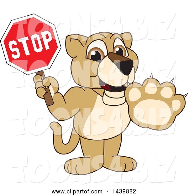 Vector Illustration of a Cartoon Lion Cub School Mascot Holding a Stop Sign