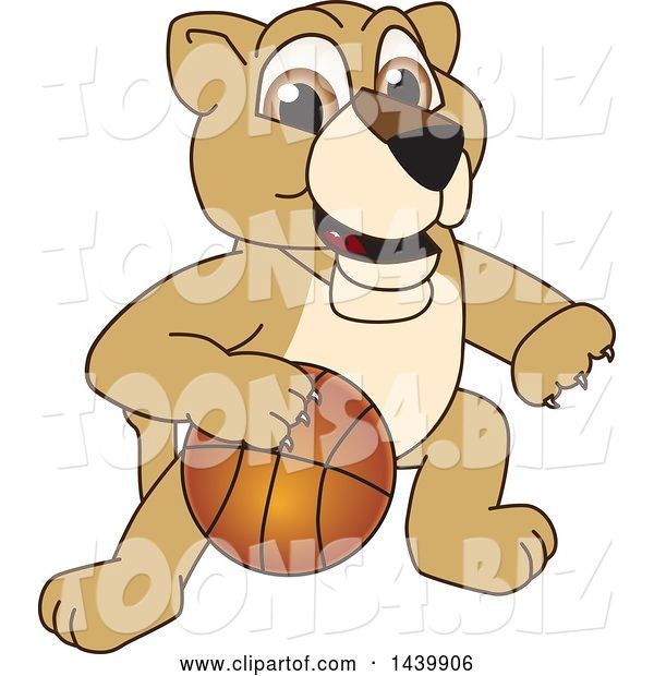 Vector Illustration of a Cartoon Lion Cub School Mascot Playing Basketball