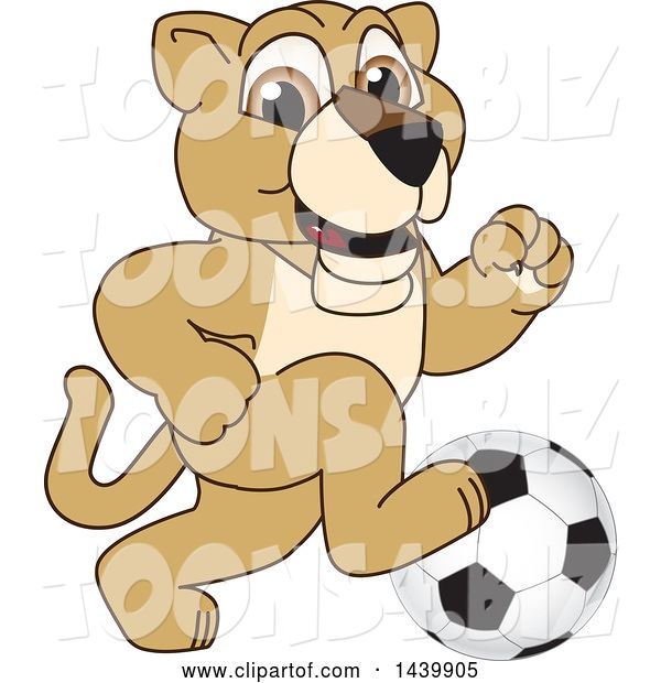 Vector Illustration of a Cartoon Lion Cub School Mascot Playing Soccer