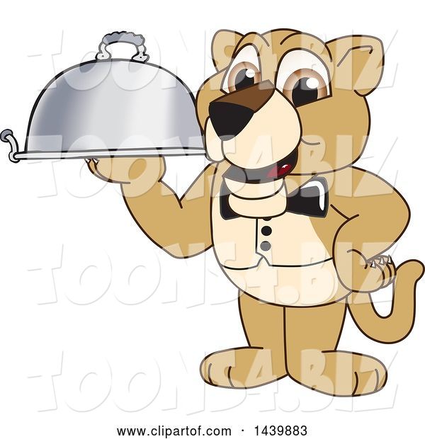 Vector Illustration of a Cartoon Lion Cub School Mascot Waiter Holding a Cloche Platter