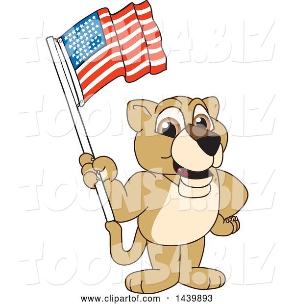 Vector Illustration of a Cartoon Lion Cub School Mascot Waving an American Flag