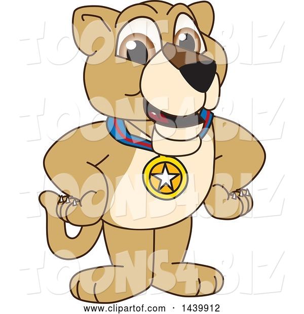 Vector Illustration of a Cartoon Lion Cub School Mascot Wearing a Sports Medal