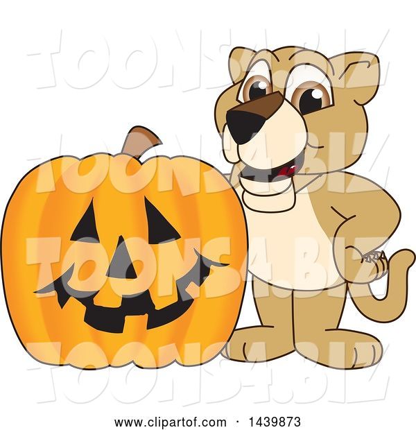 Vector Illustration of a Cartoon Lion Cub School Mascot with a Halloween Pumpkin