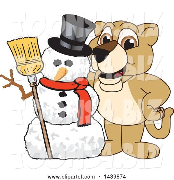 Vector Illustration of a Cartoon Lion Cub School Mascot with a Snowman