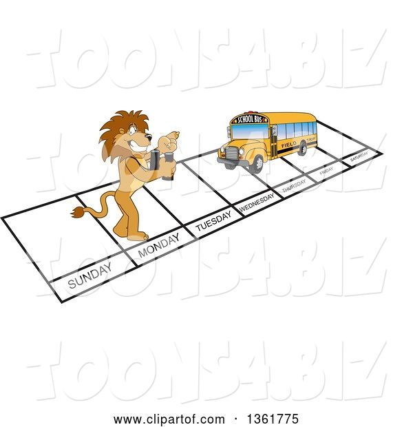 Vector Illustration of a Cartoon Lion Mascot and Bus over Week Days, Symbolizing Being Proactive