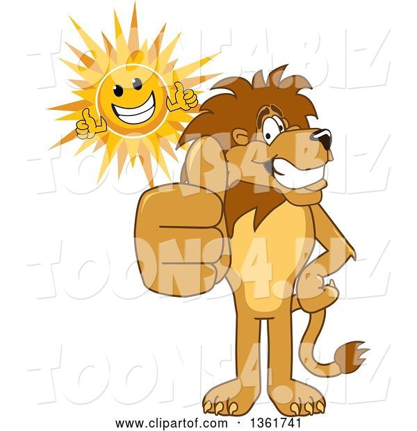 Vector Illustration of a Cartoon Lion Mascot and Sun Giving Thumbs Up, Symbolizing Excellence