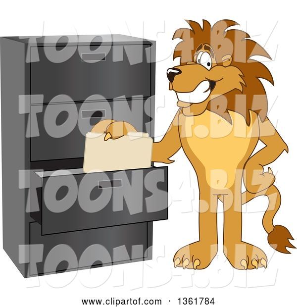 Vector Illustration of a Cartoon Lion Mascot Filing Folders, Symbolizing Organization