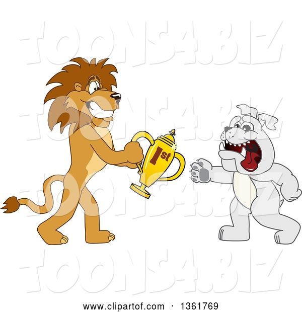Vector Illustration of a Cartoon Lion Mascot Giving a First Place Trophy to a Bulldog, Symbolizing Sportsmanship