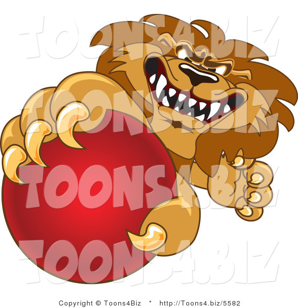 Vector Illustration of a Cartoon Lion Mascot Grabbing a Red Ball