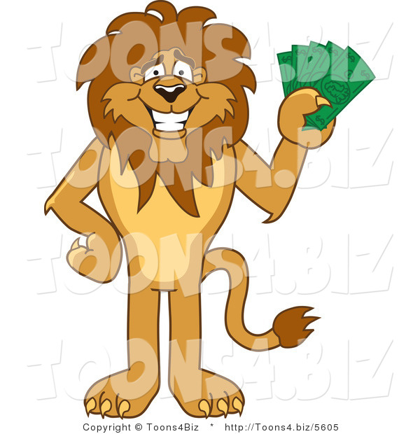 Vector Illustration of a Cartoon Lion Mascot Holding Cash