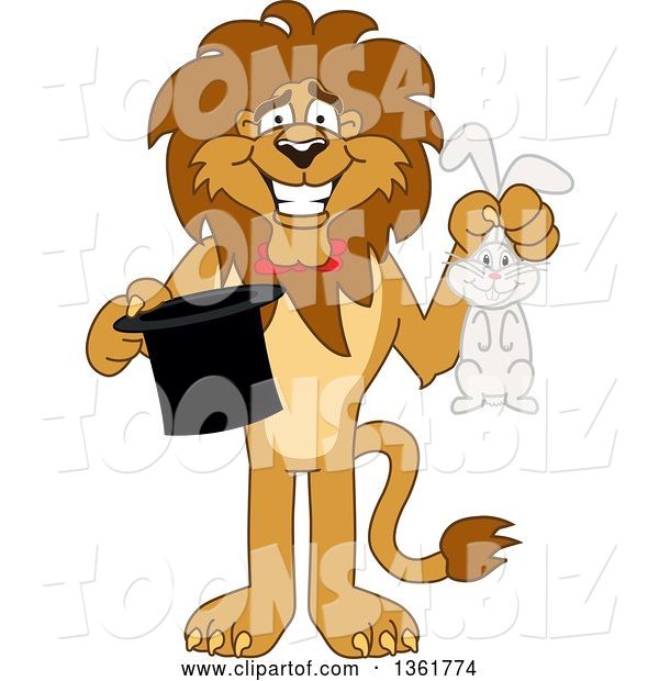 Vector Illustration of a Cartoon Lion Mascot Magician Holding a Rabbit and Hat, Symbolizing Being Resourceful