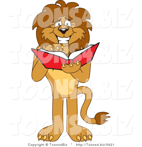 Vector Illustration of a Cartoon Lion Mascot Reading
