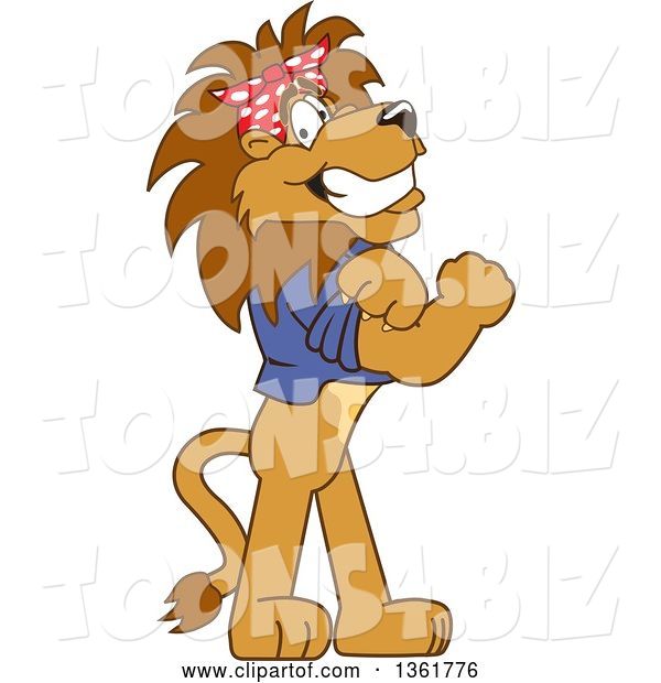Vector Illustration of a Cartoon Lion Mascot Riveter Wearing a Bandana and Flexing Muscles, Symbolizing Determination