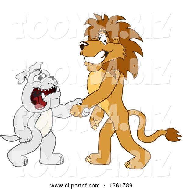 Vector Illustration of a Cartoon Lion Mascot Shaking Hands with a Bulldog, Symbolizing Acceptance
