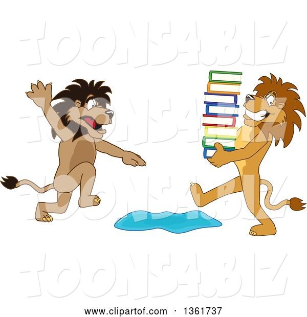 Vector Illustration of a Cartoon Lion Mascot Warning Another That Is Carrying Books About a Puddle, Symbolizing Being Proactive