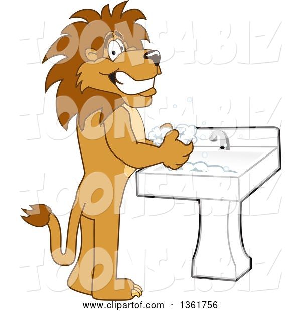 Vector Illustration of a Cartoon Lion Mascot Washing His Hands, Symbolizing Responsibility