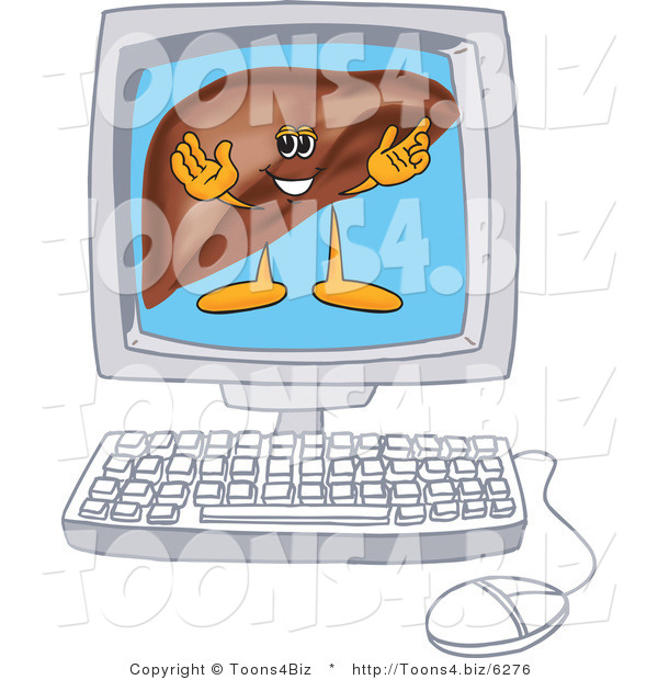 Vector Illustration of a Cartoon Liver Mascot on a Computer Screen