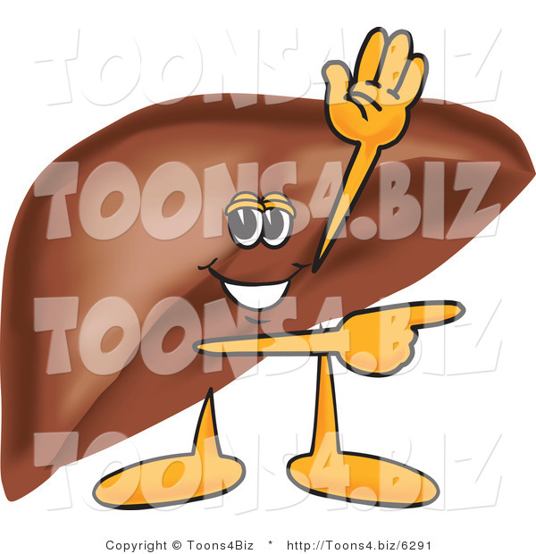 Vector Illustration of a Cartoon Liver Mascot Waving and Pointing by