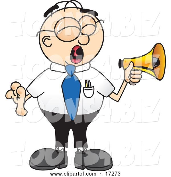 Vector Illustration of a Cartoon Loud White Businessman Nerd Mascot Screaming into a Megaphone