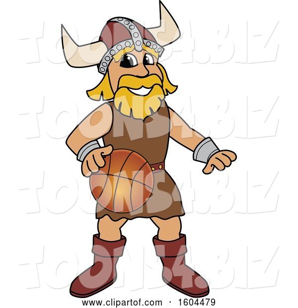 Vector Illustration of a Cartoon Male Viking School Mascot Dribbing a Basketball