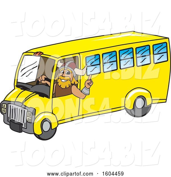 Vector Illustration of a Cartoon Male Viking School Mascot Driving a School Bus