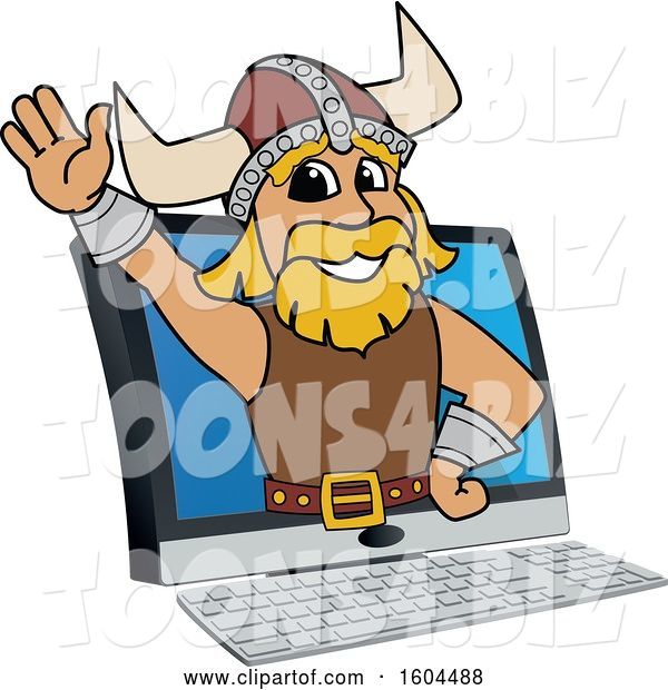 Vector Illustration of a Cartoon Male Viking School Mascot Emerging from a Computer Screen