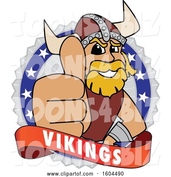 Vector Illustration of a Cartoon Male Viking School Mascot Giving a Thumb up on a Badge