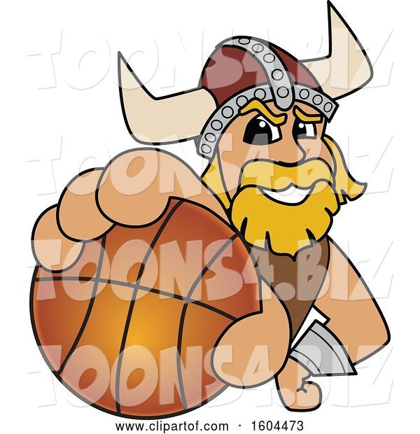 Vector Illustration of a Cartoon Male Viking School Mascot Grabbing a Basketball