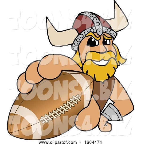 Vector Illustration of a Cartoon Male Viking School Mascot Grabbing an American Football
