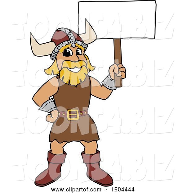 Vector Illustration of a Cartoon Male Viking School Mascot Holding a Blank Sign