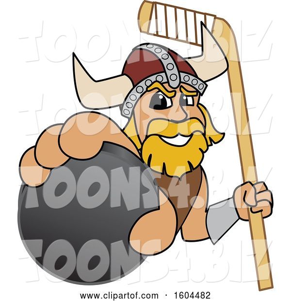 Vector Illustration of a Cartoon Male Viking School Mascot Holding a Hockey Puck and Stick