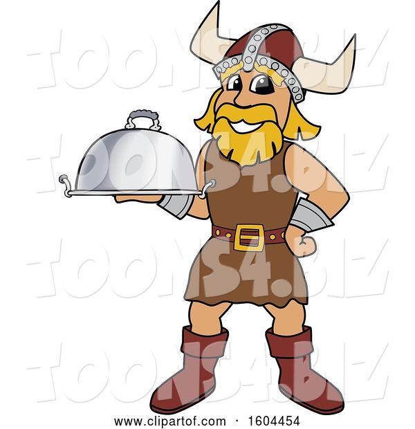 Vector Illustration of a Cartoon Male Viking School Mascot Holding a Platter