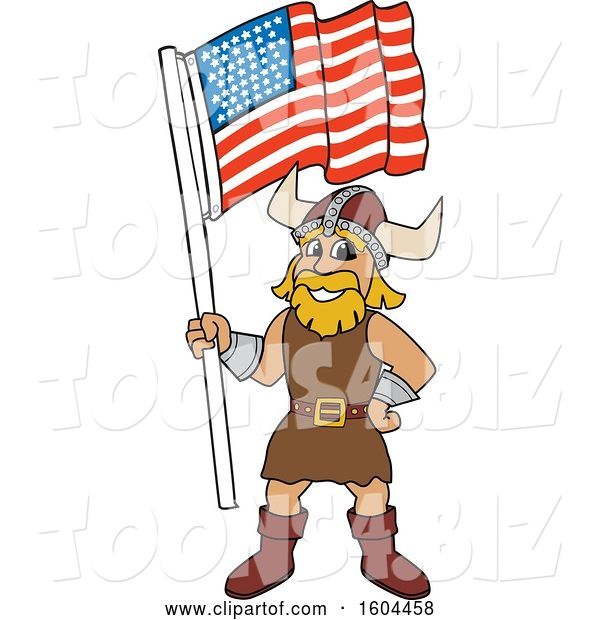 Vector Illustration of a Cartoon Male Viking School Mascot Holding an American Flag