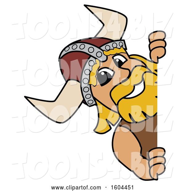 Vector Illustration of a Cartoon Male Viking School Mascot Looking Around a Sign