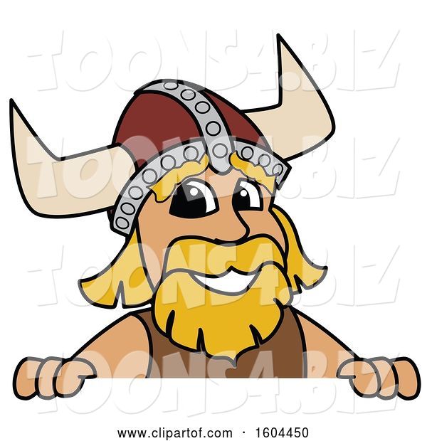 Vector Illustration of a Cartoon Male Viking School Mascot over a Sign
