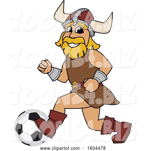 Vector Illustration of a Cartoon Male Viking School Mascot Playing Soccer