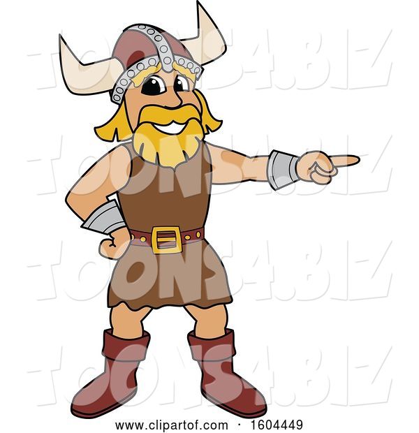 Vector Illustration of a Cartoon Male Viking School Mascot Pointing