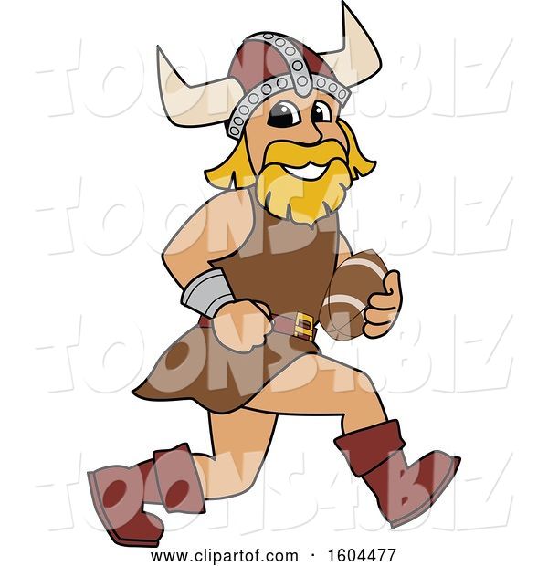 Vector Illustration of a Cartoon Male Viking School Mascot Running with a Football
