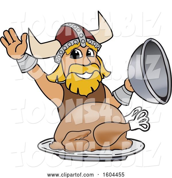 Vector Illustration of a Cartoon Male Viking School Mascot Serving a Thanksgiving Turkey