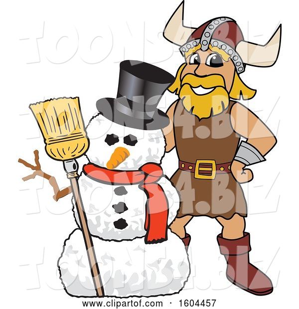 Vector Illustration of a Cartoon Male Viking School Mascot with a Christmas Snowman