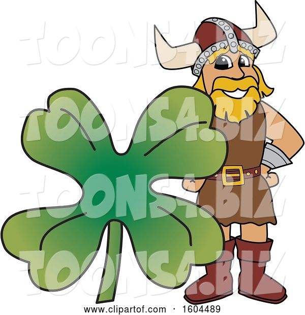 Vector Illustration of a Cartoon Male Viking School Mascot with a St Patricks Day Clover