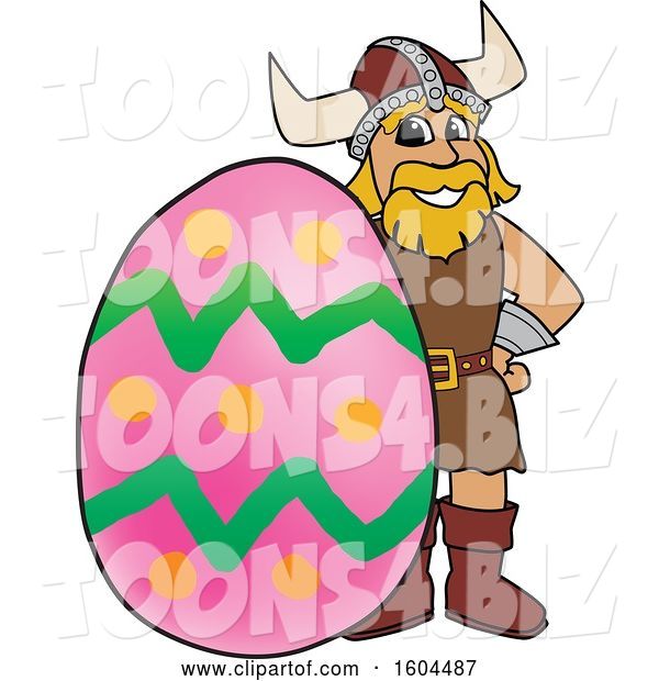 Vector Illustration of a Cartoon Male Viking School Mascot with an Easter Egg