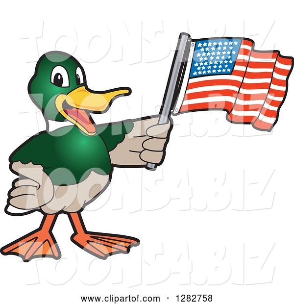 Vector Illustration of a Cartoon Mallard Duck School Mascot Holding an American Flag