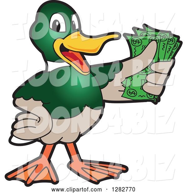 Vector Illustration of a Cartoon Mallard Duck School Mascot Holding Cash Money