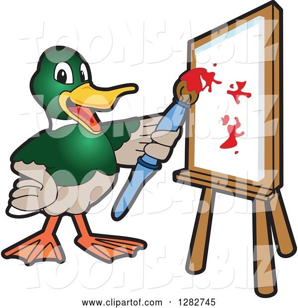 Vector Illustration of a Cartoon Mallard Duck School Mascot Painting Art on a Canvas